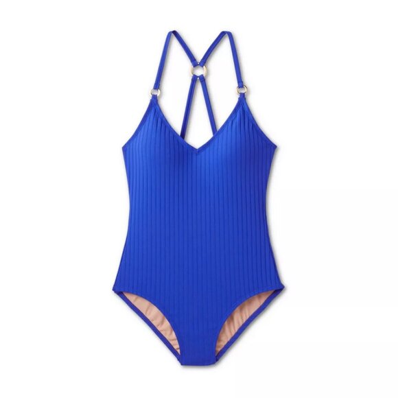 Women's Wide Ribbed Ring Medium Coverage One Piece Swimsuit - Kona Sol™ Blue M - Picture 2 of 6